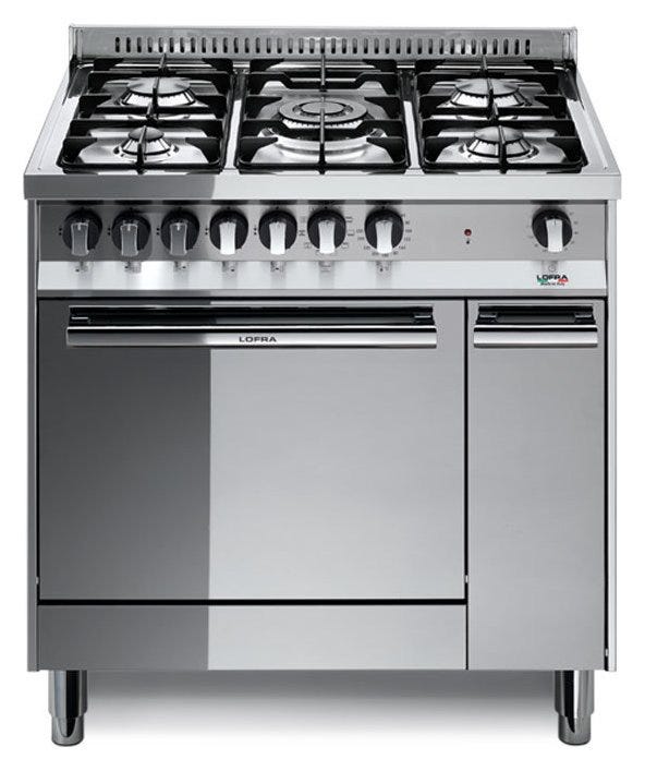 Lofra MT86MF/C Maxima Cucina da accosto 80x60 cm in acciaio inox lucidato: 5 fuochi gas Sabaf III Serie con tripla corona, forno elettrico multifunzione 66L a 9 programmi, carrello estraibile laterale, griglie ghisa