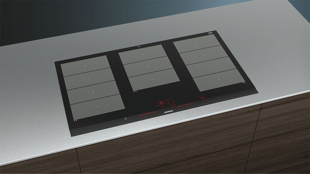 Siemens EX975LXC1E Iq700 Piano cottura a induzione 90 cm, 5 zone cottura, 3 flexInduction, Dual lightSlider, fryingSensor Plus, powerBoost, powerMove Plus, vetroceramica nera, profili acciaio inox