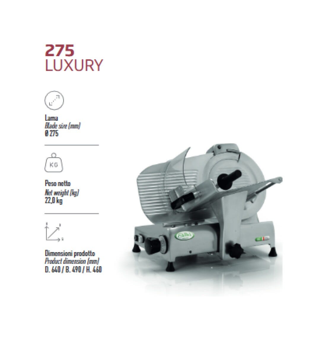 Fama FA278 Luxury Affettatrice a Gravità 275, Trifase, Lama Ø275 mm, trasmissione a cinghia in poliestere