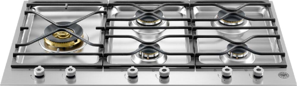 Bertazzoni PM365S0X Professional Piano cottura a gas 90 cm, 5 fuochi, doppio wok laterale 5 kW, griglie in ghisa, inox