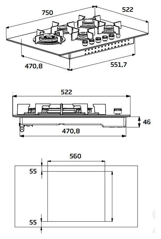 Beko HILW 75325 SDX Blacken Piano cottura a gas 75 cm - vetro nero con manopole dark inox