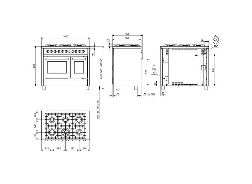 Steel EQ10FF-6 NF Enfasi Cucina da accosto cm. 100 - 2 forni elettrici + piano cottura 6 fuochi - nero fumo