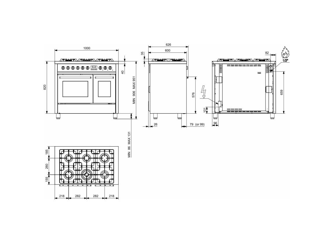 Steel EQ10FF-6 NF Enfasi Cucina da accosto cm. 100 - 2 forni elettrici + piano cottura 6 fuochi - nero fumo
