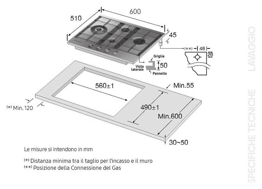 Samsung NA64H3031BS/T1 Piano cottura a gas cm. 60 - inox griglie in ghisa