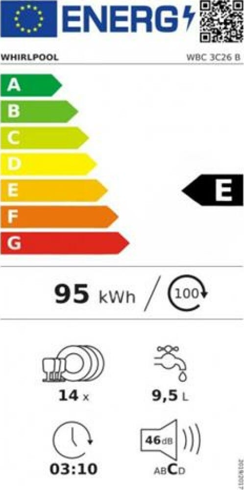 Whirlpool WBC 3C26 B Lavastoviglie parzialmente integrata cm. 60 - 14 coperti - nero