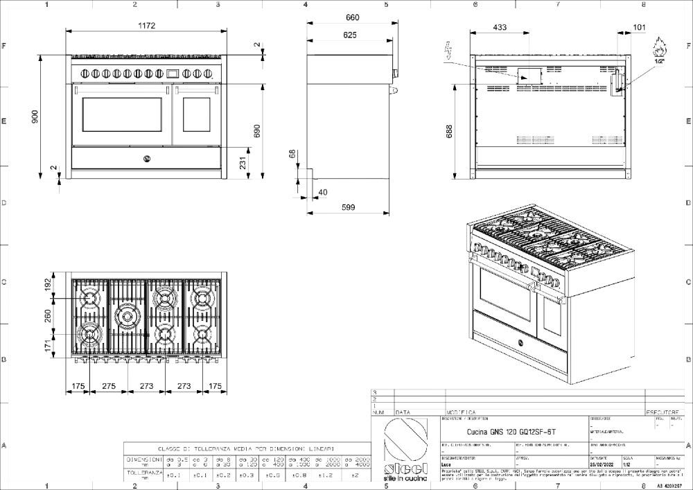Steel GENESI 120 GQ12SF GENESI 120 Cucina da accosto 120 cm, forno combi-steam INNVENT 91 lt, acciaio inox AISI 304, 5 configurazioni piano cottura