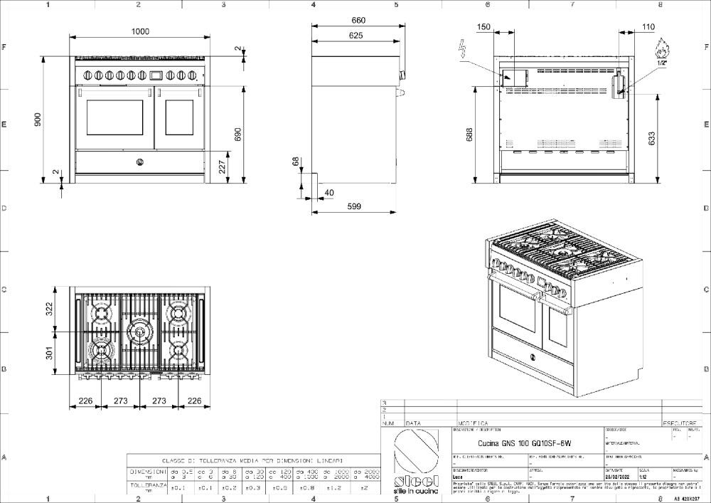 Steel Genesi 100 GQ10SF Genesi 100 Cucina da accosto, 100 cm inox, 2 forni elettrici, 5 combinazioni piano cottura