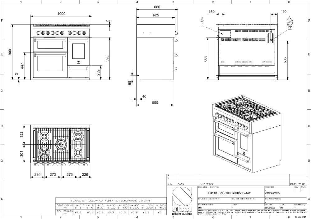 Steel Genesi 100/3 GQ10SFF Genesi 100-3 Cucina da accosto 100 cm, triplo forno elettrico, acciaio inox AISI 304, 5 combinazioni piano cottura