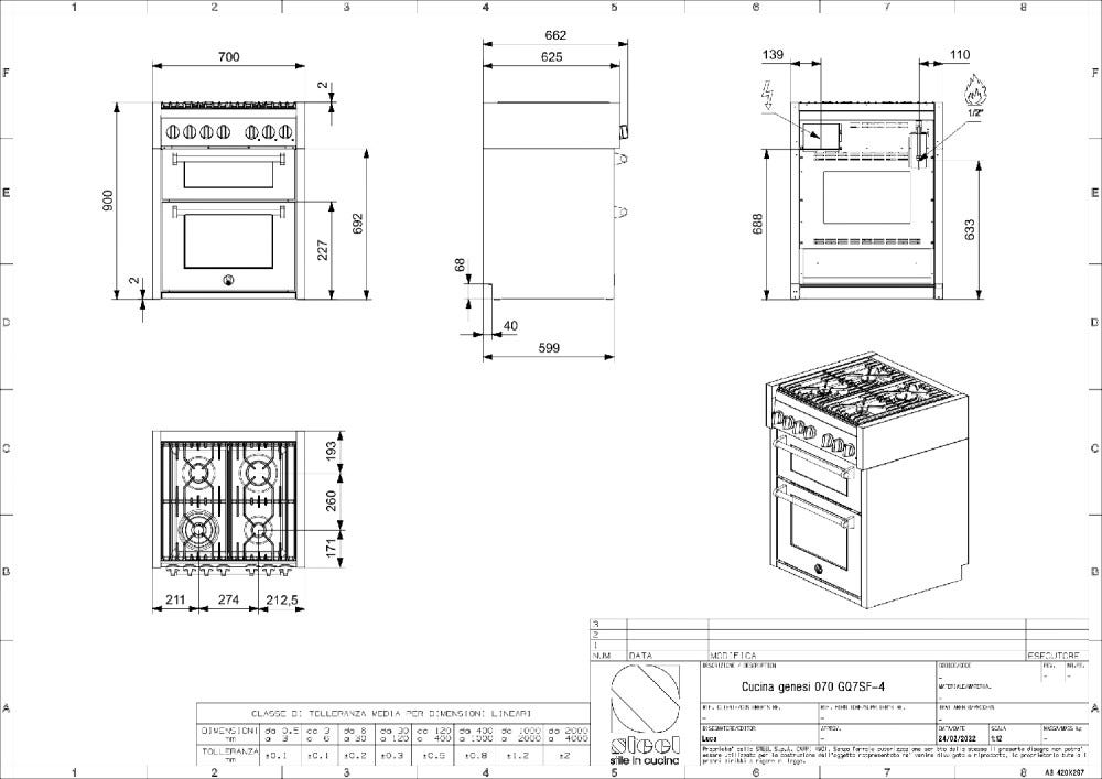 Steel Genesi 70/2 GQ7SF Genesi 70/2 Cucina da accosto, doppio forno Combi-Steam e forno pizza, piano a gas o induzione, 70 cm, acciaio inox