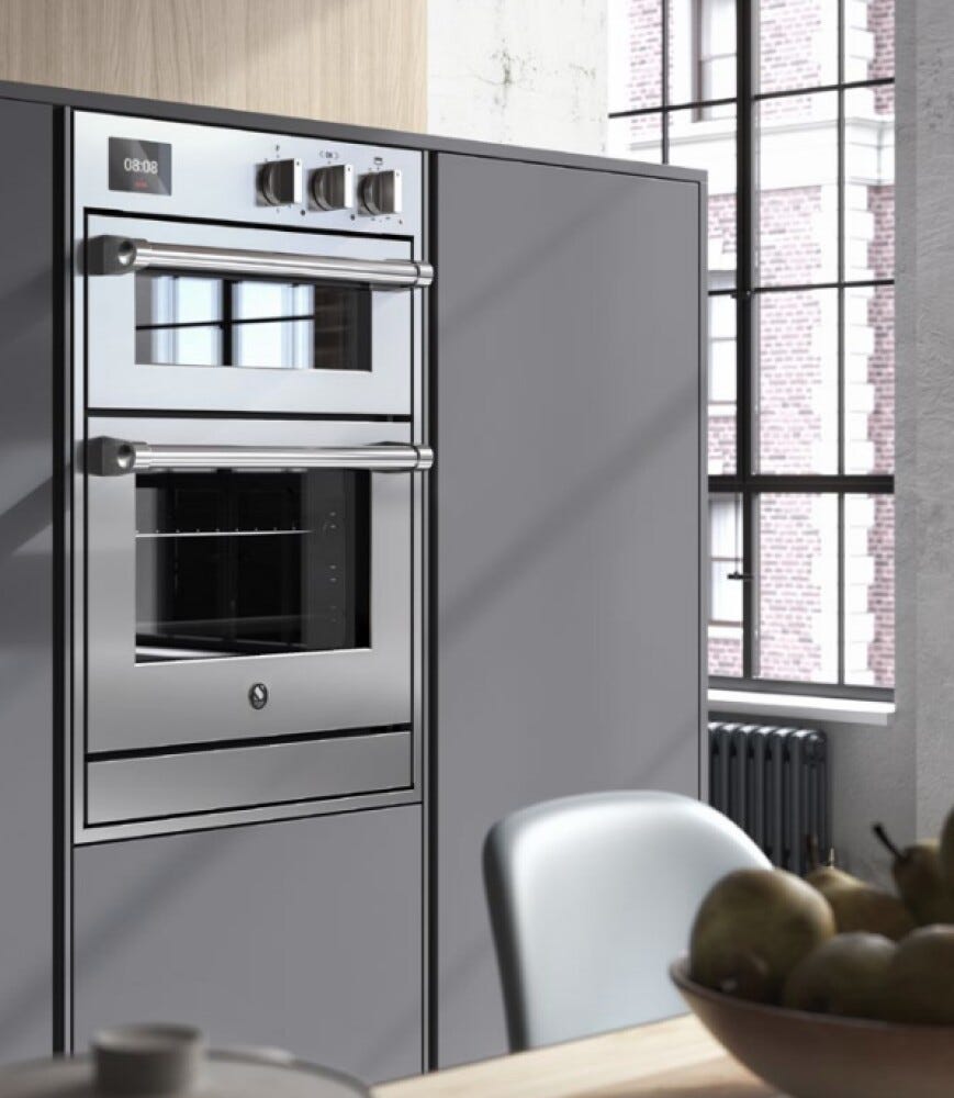 Steel Genesi 60x90 GQFFE6-S Genesi Line Doppio forno da incasso, Combi-Steam 70 lt + forno pizza a pietra 34 lt, 15 funzioni, programmatore TFT con 37 ricette, acciaio inox