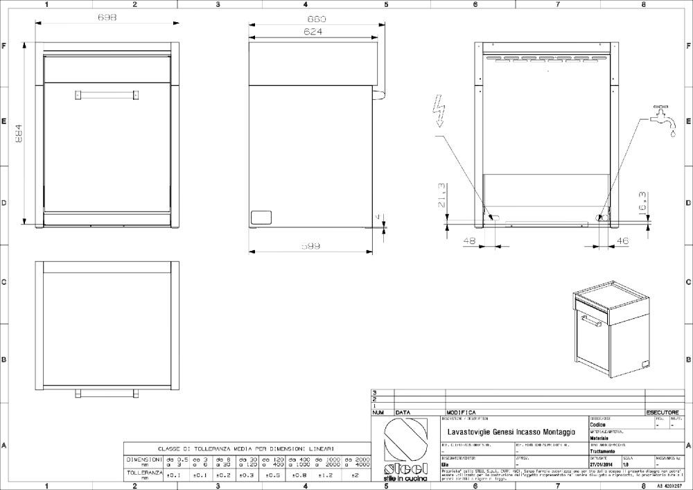 Steel Genesi GQLS-7 Genesi Lavastoviglie 70 cm, 15 coperti, piano di lavoro integrato, acciaio inox