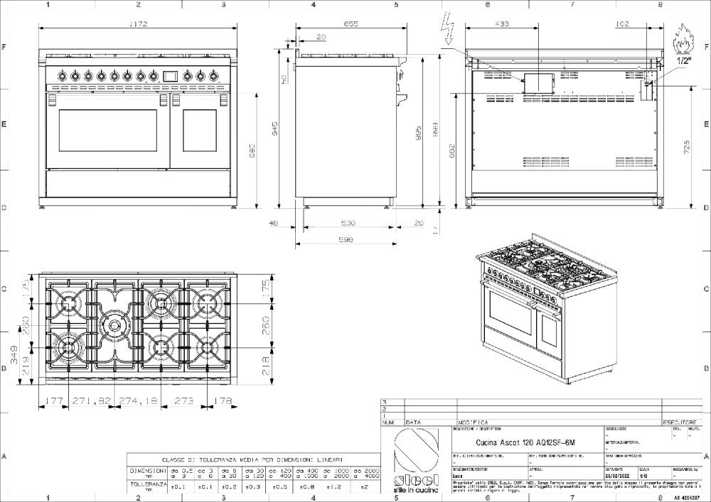 Steel Ascot 120 AQ12SF Ascot 120 Cucina da accosto 120 cm, doppio forno combi-steam, piano cottura a gas, acciaio inox