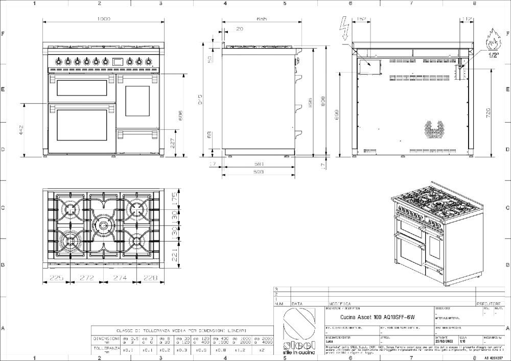 Steel Ascot 100/3 AQ10SFF-D Solid door Cucina da accosto 100 cm, 3 forni elettrici anta cieca, piano gas o induzione, acciaio inox