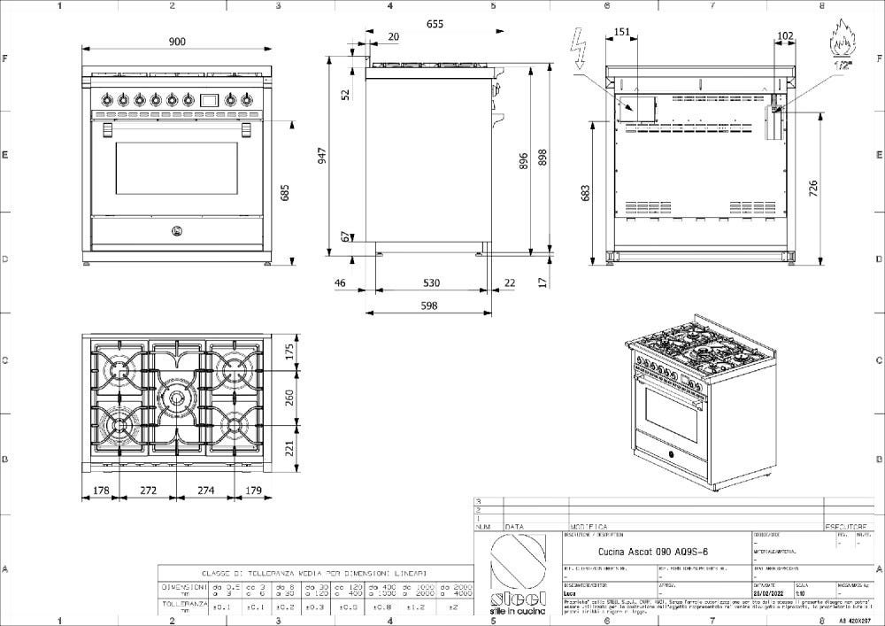 Steel Ascot 90 AQ9S Ascot 90 Cucina da accosto 90 cm, forno Combi-Steam 91 lt, piano cottura a gas o induzione, acciaio inox