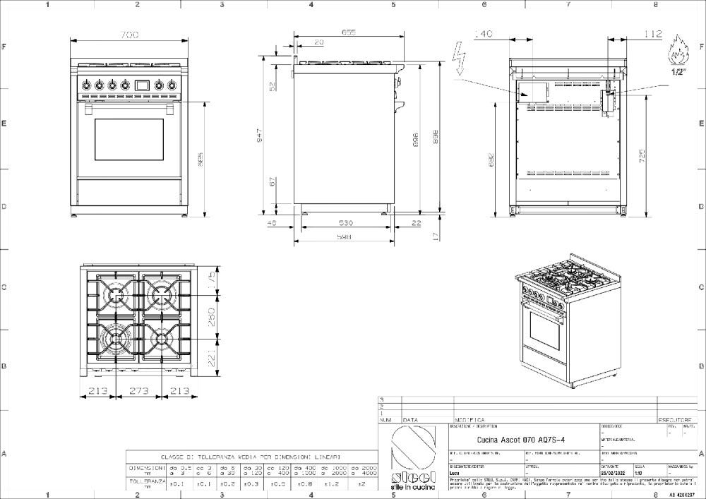 Steel Ascot 70 AQ7S Ascot 70 Cucina da accosto 70 cm, forno Combi-Steam 70 lt, piano cottura a gas o induzione, acciaio inox