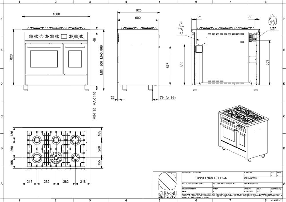 Steel Enfasi 100 EQ10FF NF All black Cucina da accosto 100 cm, nero fumo opaco, doppio forno elettrico, piano gas o induzione