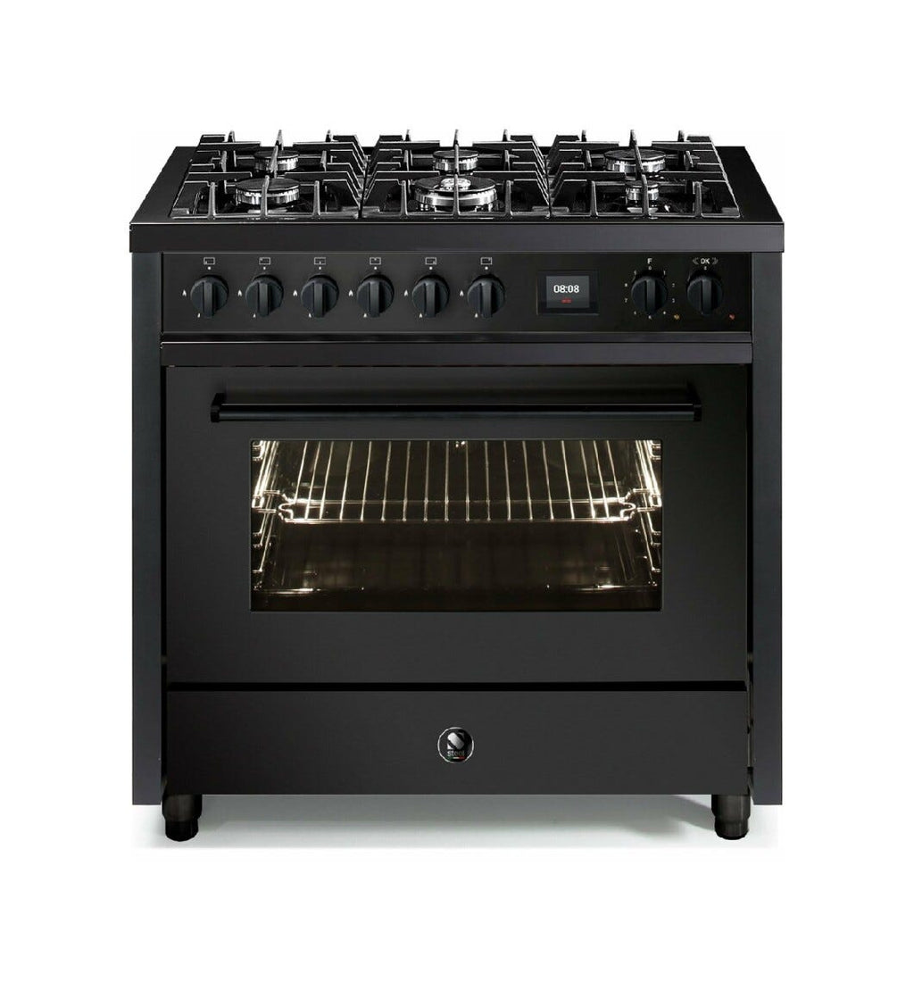 Steel Enfasi 90 EQ9F NF All Black Cucina da accosto 90 cm, forno multifunzione invent, piano gas o induzione, acciaio nero opaco