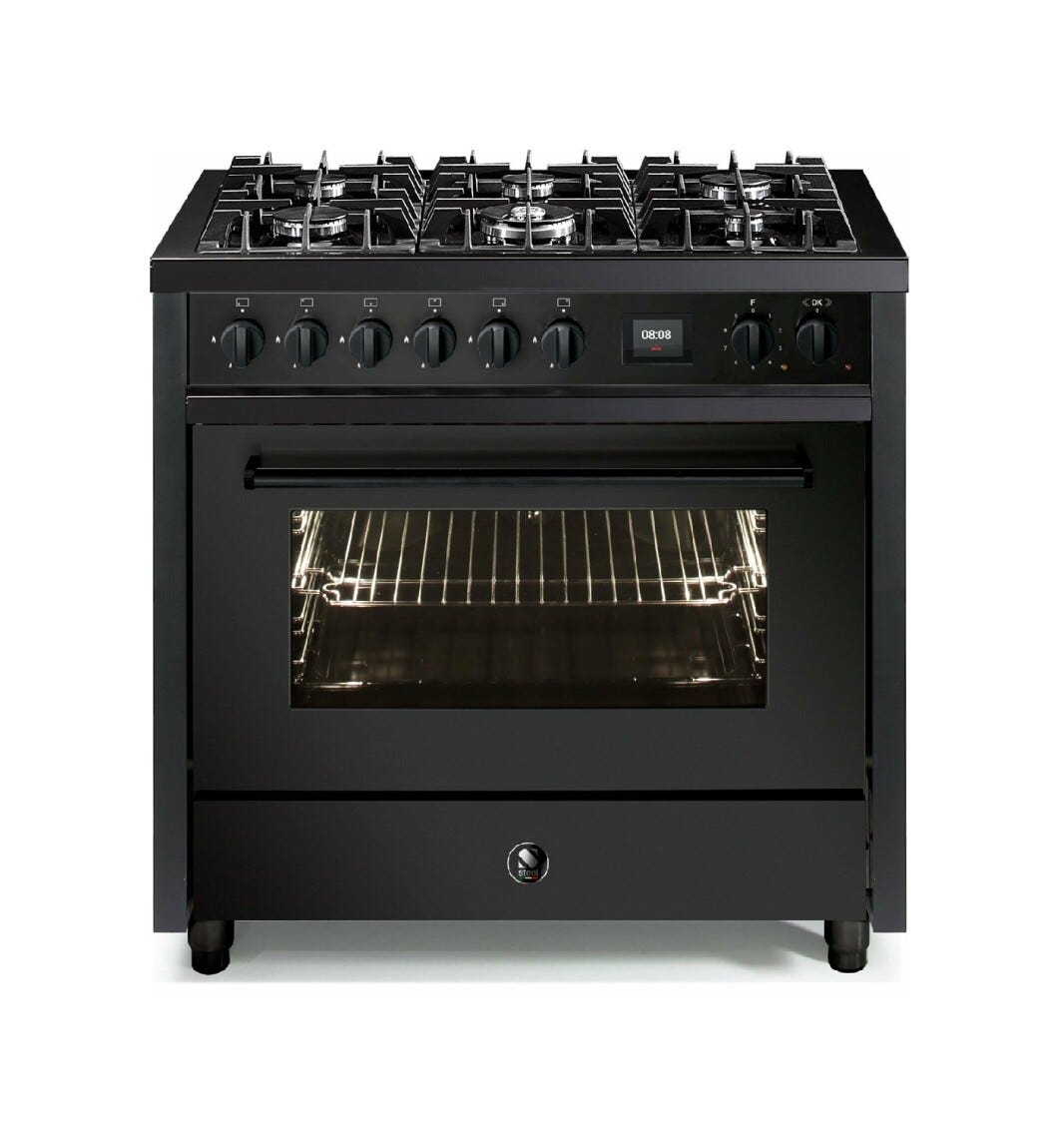 Steel Enfasi 90 EQ9F NF All Black Cucina da accosto 90 cm, forno multifunzione invent, piano gas o induzione, acciaio nero opaco