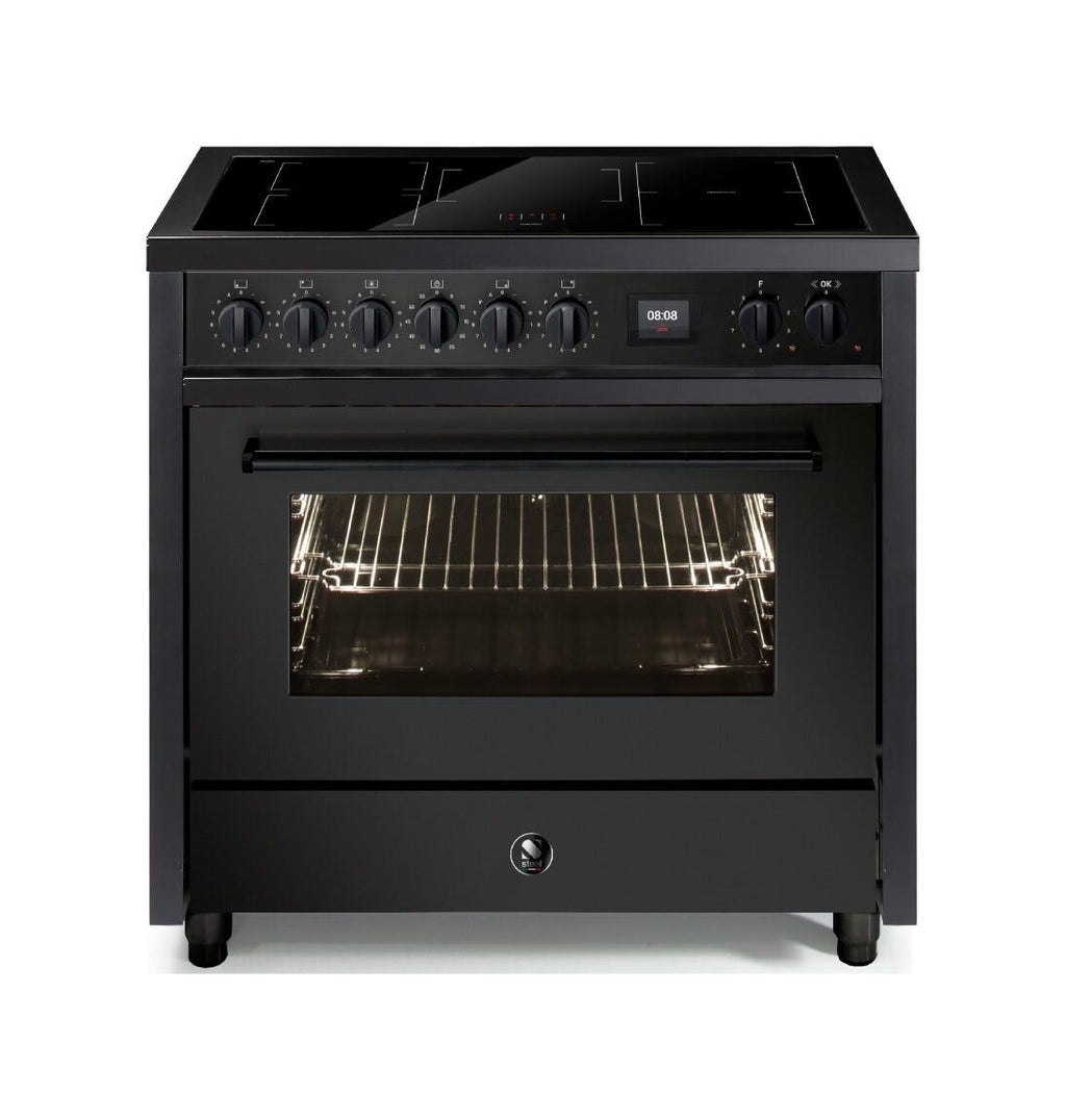Steel Enfasi 90 EQ9F NF All Black Cucina da accosto 90 cm, forno multifunzione invent, piano gas o induzione, acciaio nero opaco