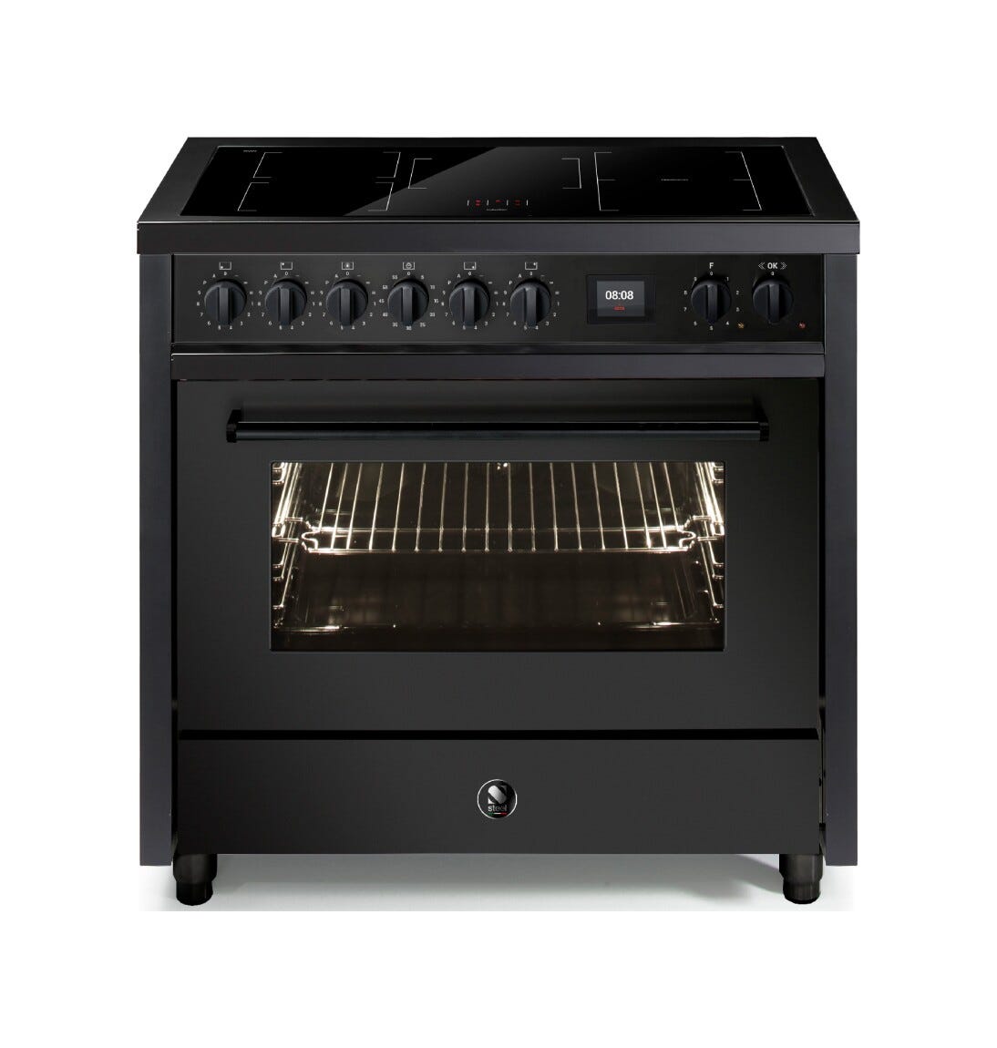 Steel Enfasi 90 EQ9F NF All Black Cucina da accosto 90 cm, forno multifunzione invent, piano gas o induzione, acciaio nero opaco