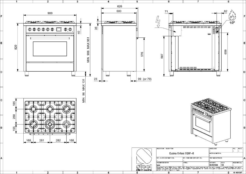 Steel Enfasi 90 EQ9F NF All Black Cucina da accosto 90 cm, forno multifunzione invent, piano gas o induzione, acciaio nero opaco
