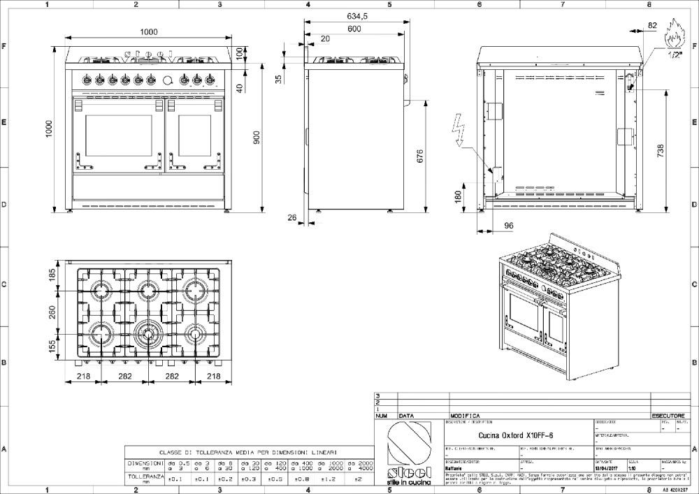 Steel Oxford 100 X10FF Oxford Cucina da accosto 100 cm, doppio forno elettrico (70 + 39 lt), piano cottura full-gas o induzione, acciaio inox