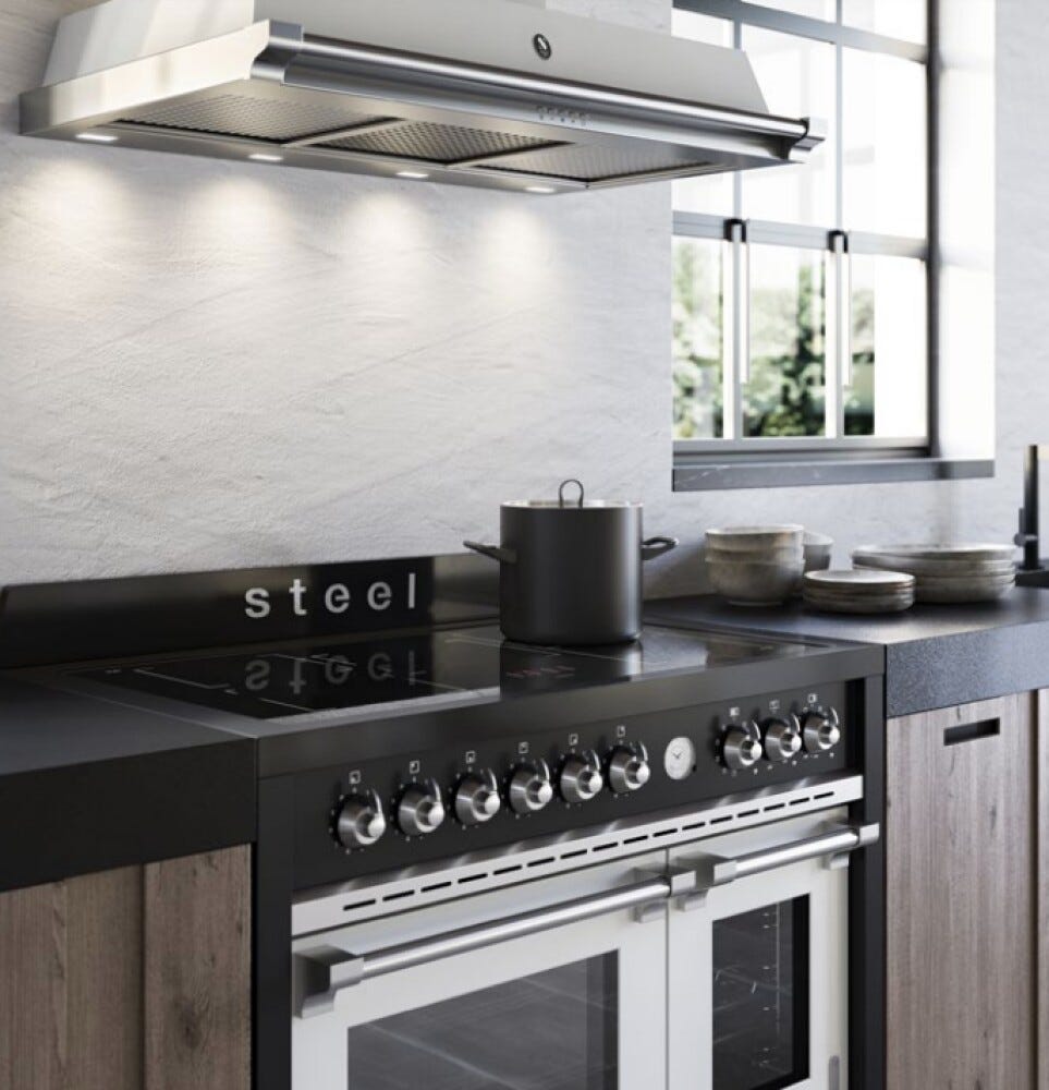 Steel Oxford 100 X10FF Oxford Cucina da accosto 100 cm, doppio forno elettrico (70 + 39 lt), piano cottura full-gas o induzione, acciaio inox