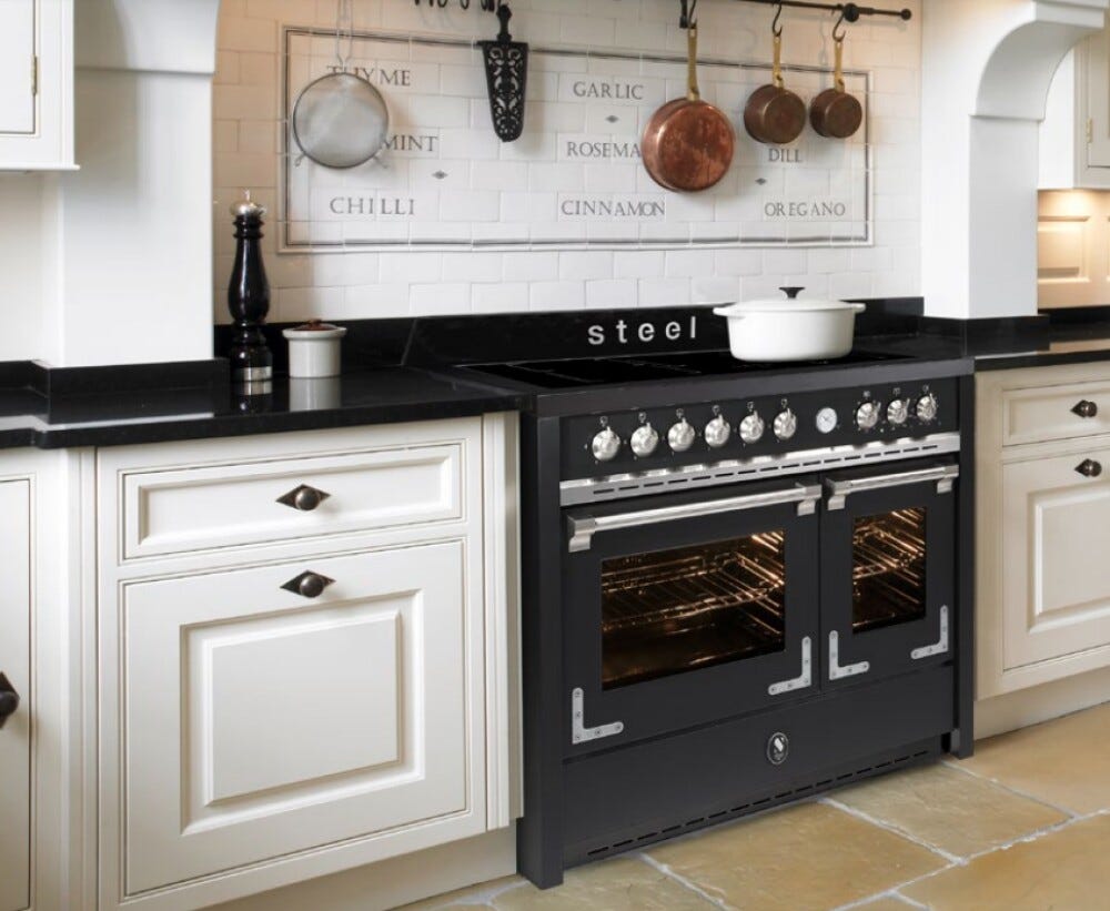 Steel Oxford 100 X10FF Oxford Cucina da accosto 100 cm, doppio forno elettrico (70 + 39 lt), piano cottura full-gas o induzione, acciaio inox