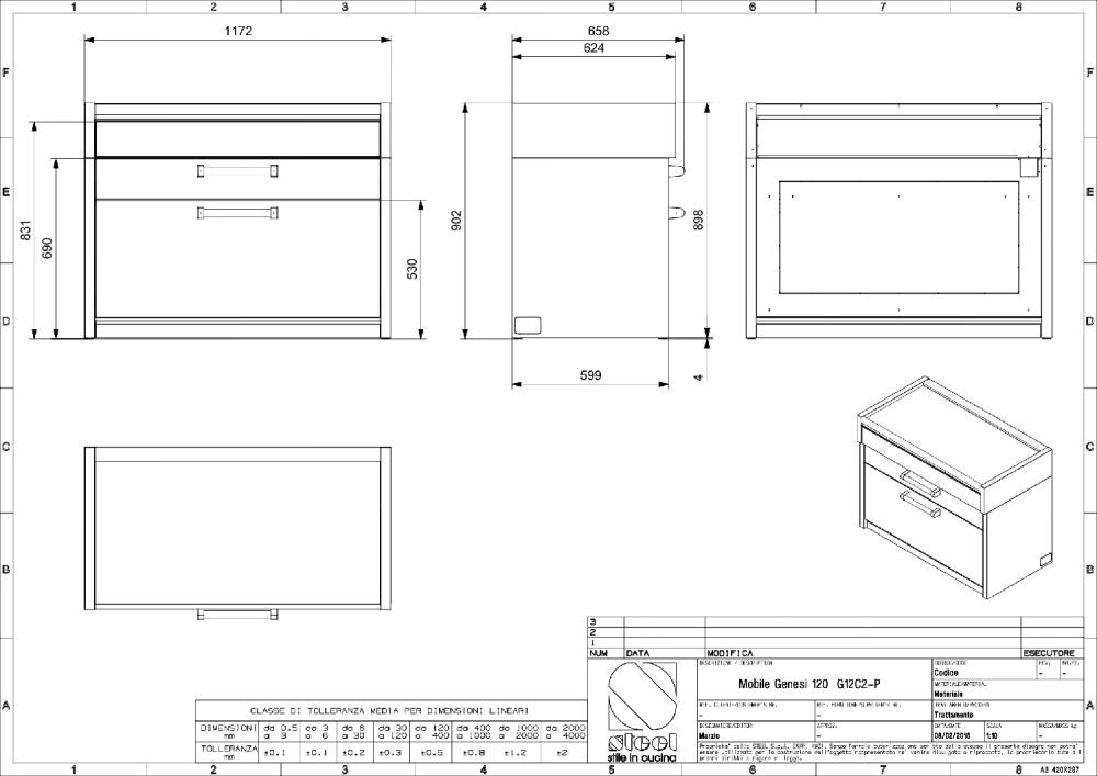 Steel Genesi GQ12C-P Woorktables Tavolo da lavoro 120 cm, 3 cassetti push-pull, acciaio inox AISI 304