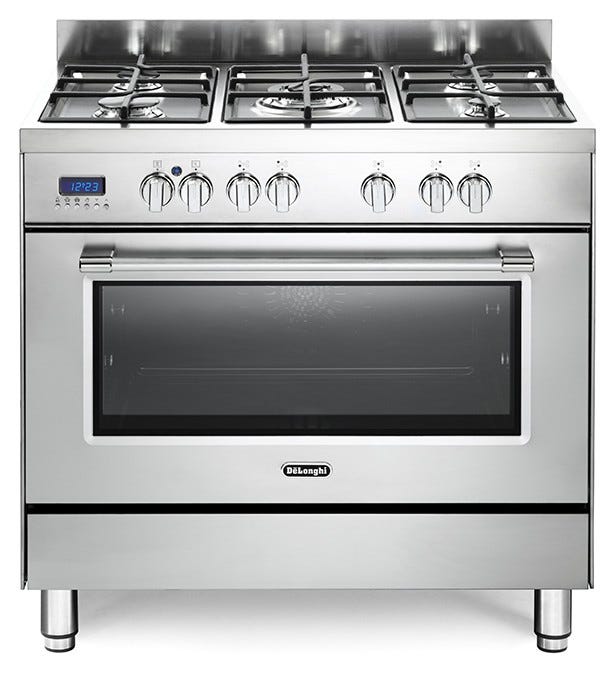 De Longhi PRO96MXED Professional Cucina da accosto 90 cm, 5 fuochi a gas, forno elettrico, inox