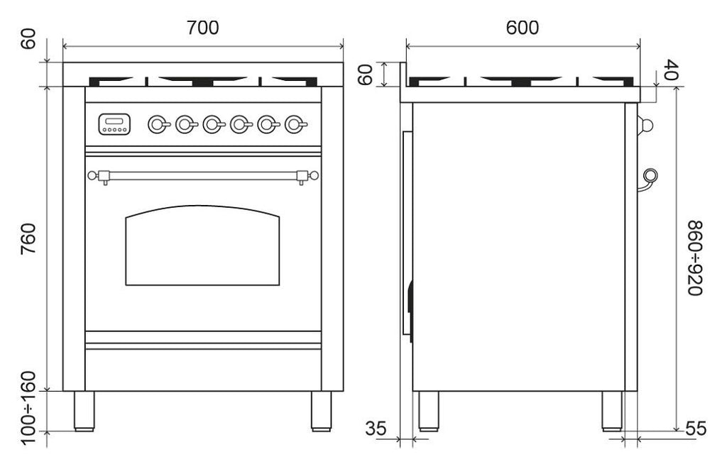 ILVE P07N Nostalgie Cucina da accosto cm 70 configurabile - inox o colorato