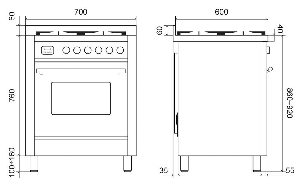 ILVE P07W Professional Plus Cucina da accosto cm 70 configurabile - inox o colorato