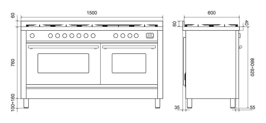 ILVE P15W Professional Plus Cucina da accosto cm 150 configurabile - inox o colorato