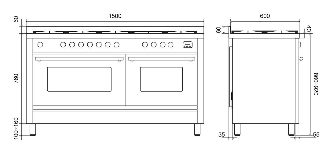 ILVE P15W Professional Plus Cucina da accosto cm 150 configurabile - inox o colorato