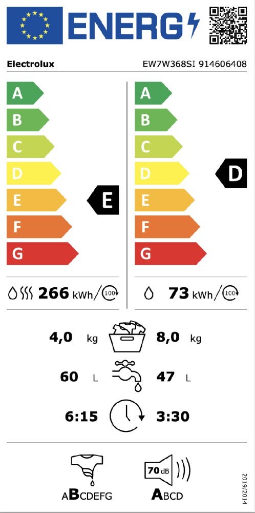 Electrolux EW7W368SI PerfectCare 700 Lavasciuga integrata totale cm 60 - capacità lavaggio 8 kg / asciugatura 4 kg - bianco