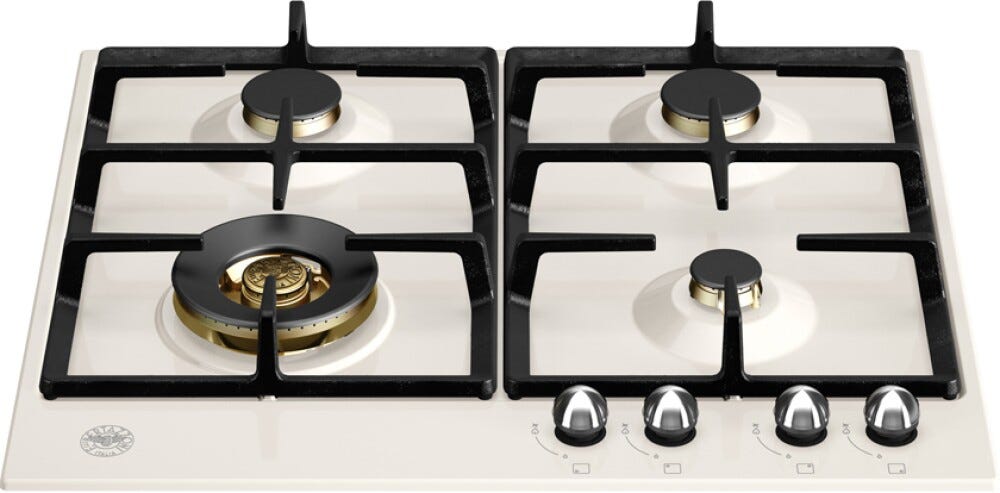 Bertazzoni P604LHERAX Heritage Piano cottura a gas 4 fuochi, bruciatore wok 4 kW, griglie in ghisa, avorio / inox