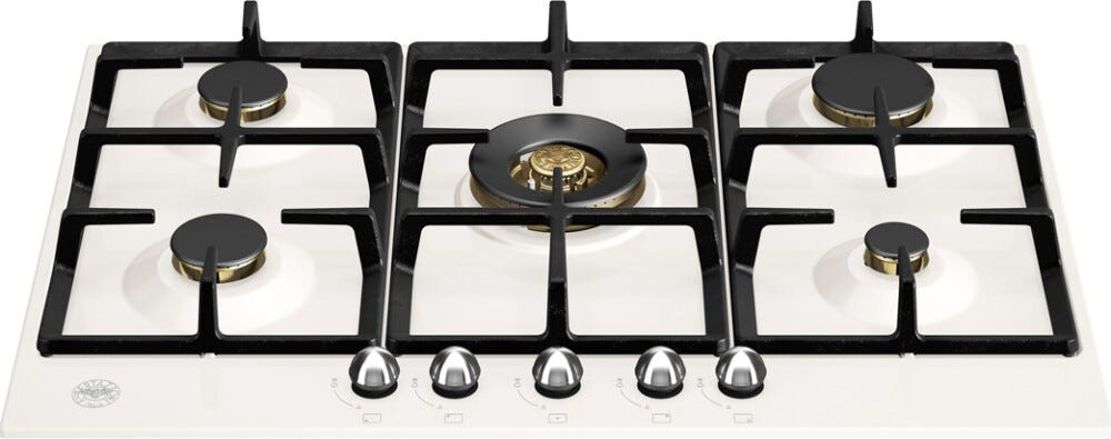 Bertazzoni P755CHERAX Heritage Piano cottura a gas 75 cm, 5 fuochi, acciaio smaltato, bruciatore wok centrale 4 kW, avorio / inox