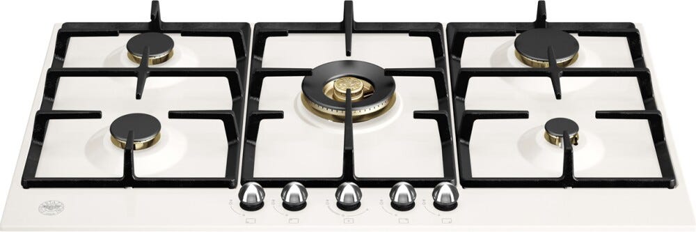 Bertazzoni P905CHERAX Heritage Piano cottura a gas 90 cm – 5 fuochi, doppio wok 5 kW, acciaio smaltato avorio / inox
