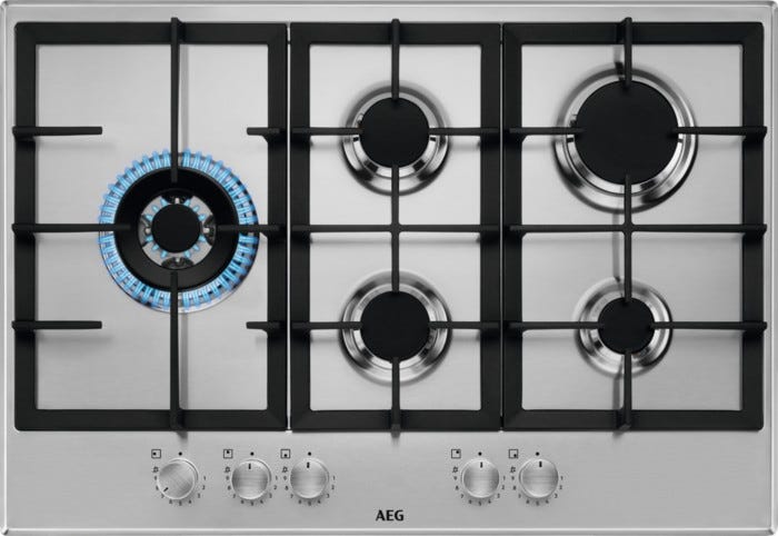 AEG HGB75520SM 6000 Slim Line Piano cottura a gas 75 cm Slim Profile, 5 fuochi, SpeedBurner e Wok, inox