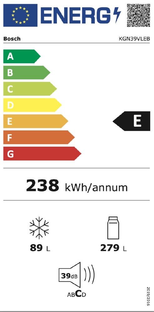 Bosch KGN39VLEB 4 Frigorifero con congelatore a libera installazione - cm. 60 h 203 - lt. 366 - inox
