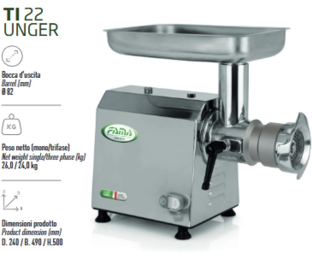 Fama FTI116UT Unger Tritacarne professionale Trifase, 300 kg/h, gruppo Ghisa Alimentare Unger Totale