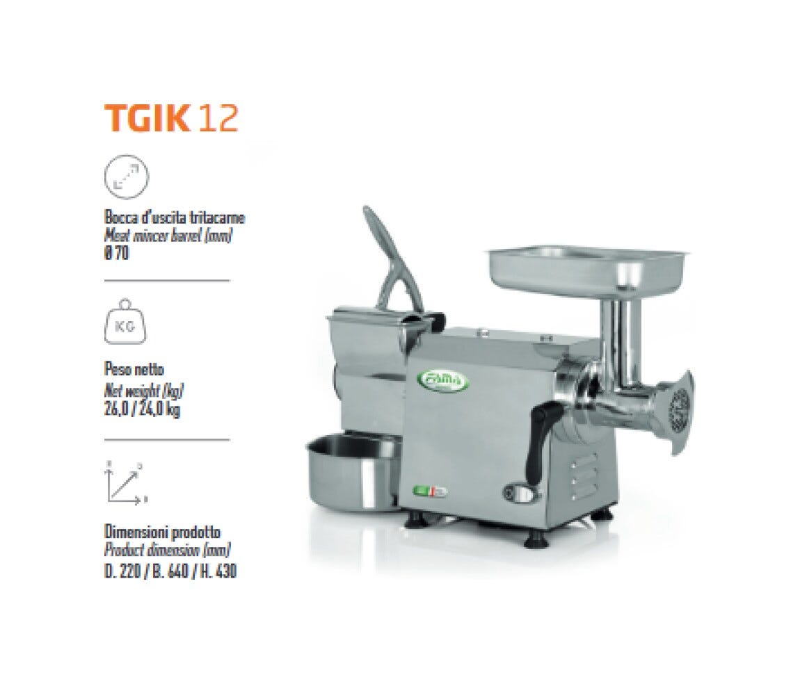 Fama FTGIK102 Uniko Tritacarne Grattugia trifase 200/50 kg, gruppo macinazione in acciaio inox completamente smontabile