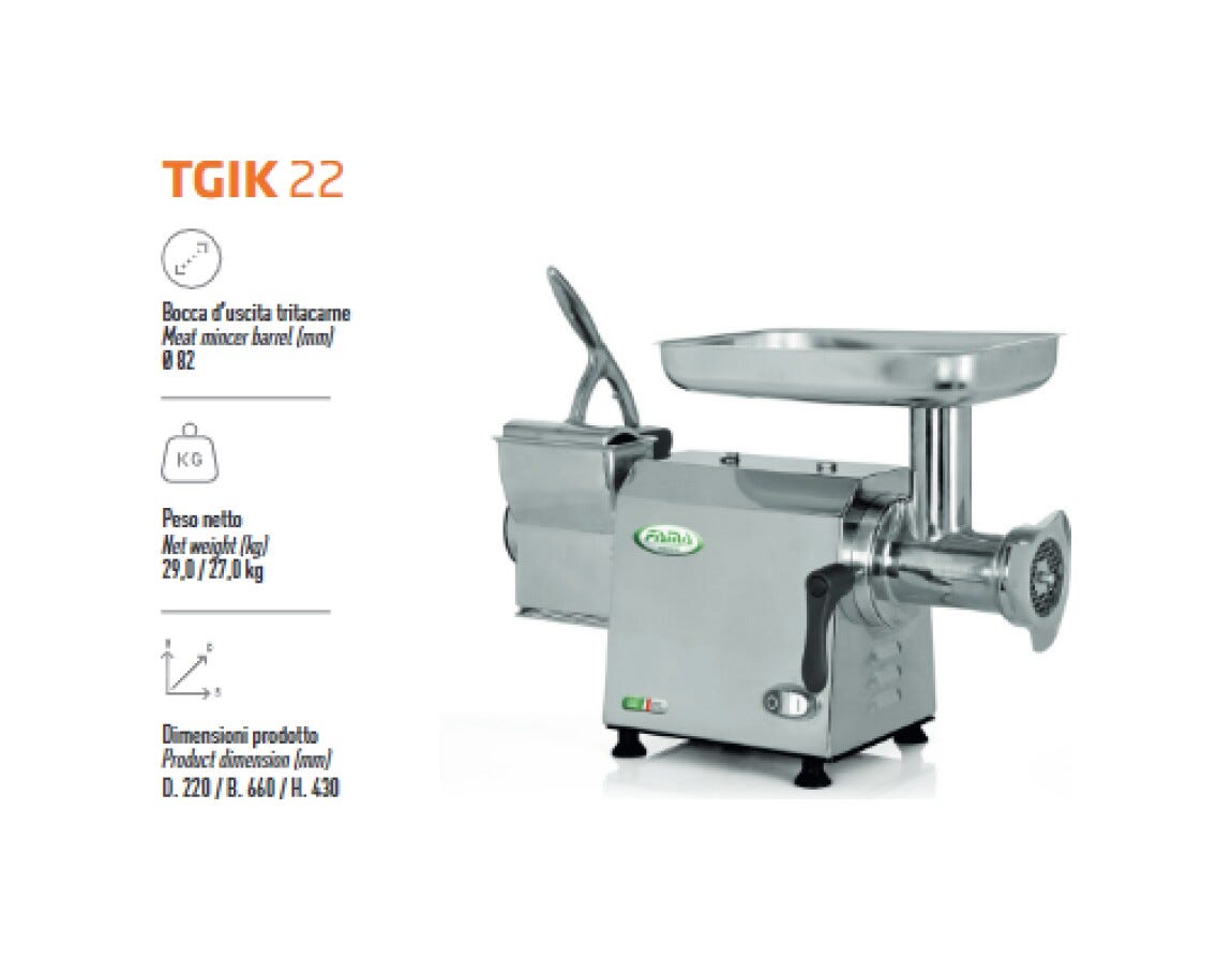 Fama FTGIK206 Uniko Tritacarne Grattugia trifase 300/70 kg, gruppo macinazione in acciaio inox completamente smontabile