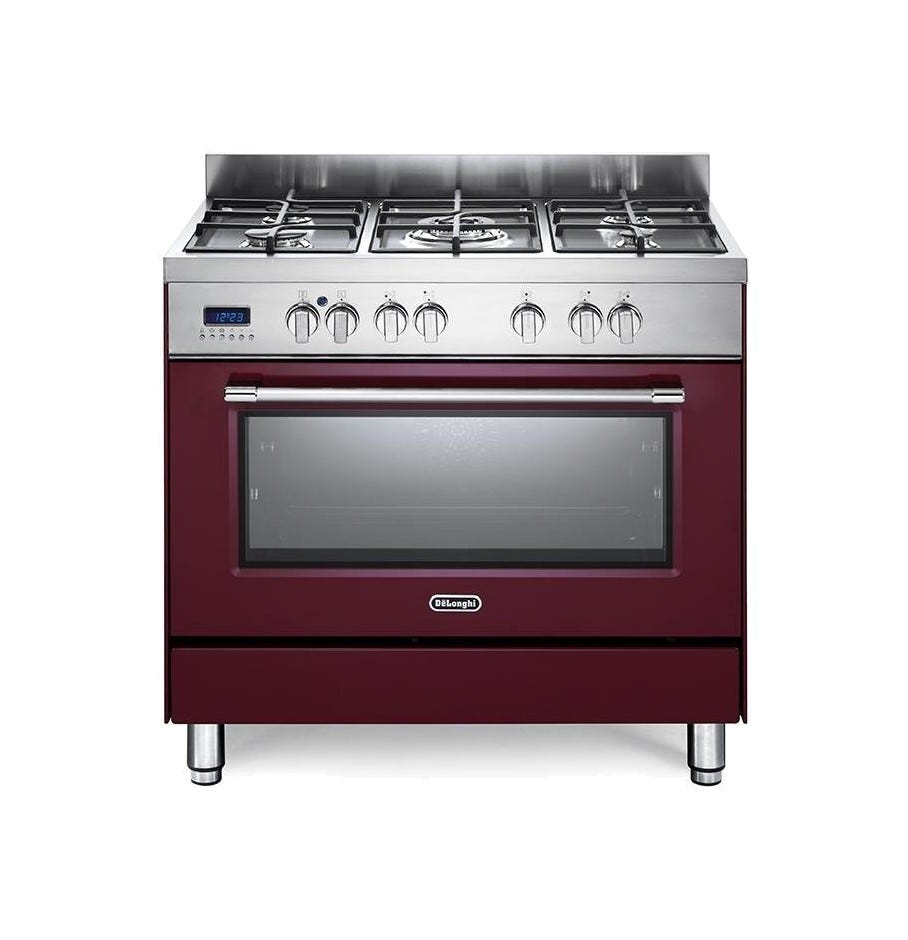 De Longhi PRO96MRED Professional Cucina da accosto cm 90 - 5 fuochi + 1 forno elettrico - scaldavivande - bordeaux