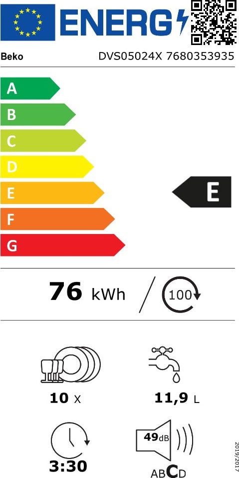 Beko DVS05024X Lavastoviglie a libera installazione slim cm. 45 - 10 coperti - inox antimpronta