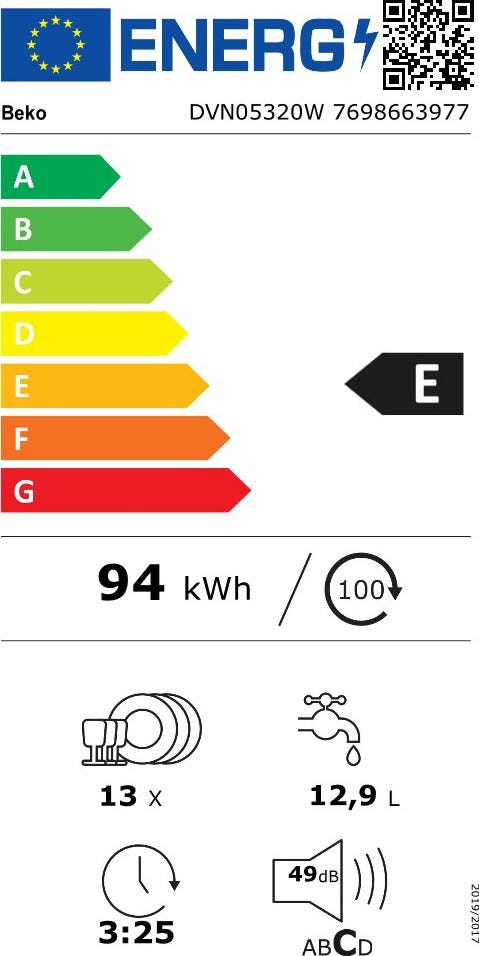 Beko DVN05320W Lavastoviglie a libera installazione cm. 60 - 13 coperti - bianco