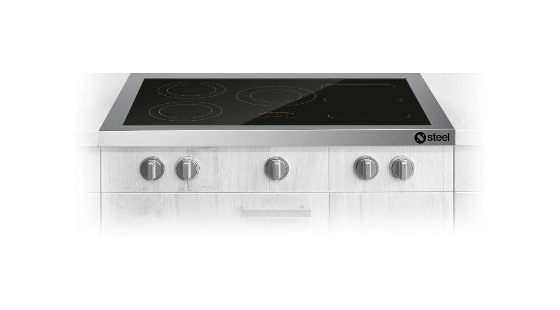 Steel Enfasi E9P-5FIW Design40 Piano cottura a induzione 90 cm, 5 zone (2 flex), controlli frontali, vetroceramica nero + cornice inox