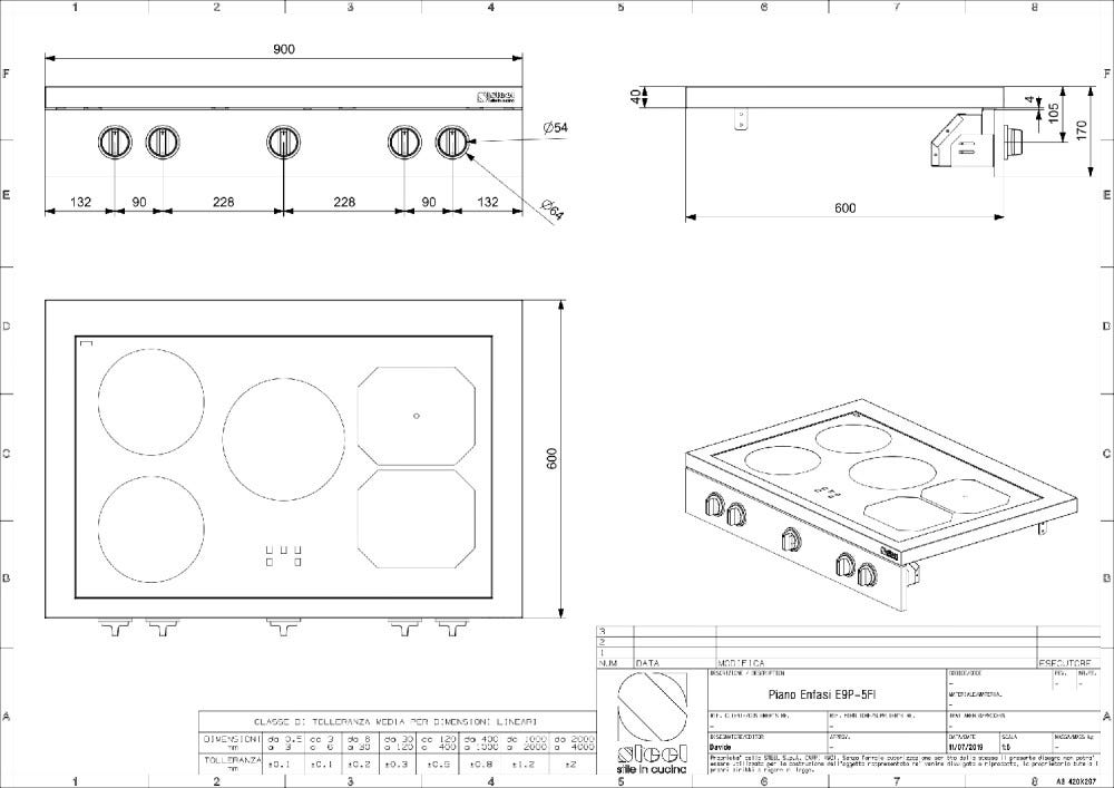 Steel Enfasi E9P-5FIW Design40 Piano cottura a induzione 90 cm, 5 zone (2 flex), controlli frontali, vetroceramica nero + cornice inox