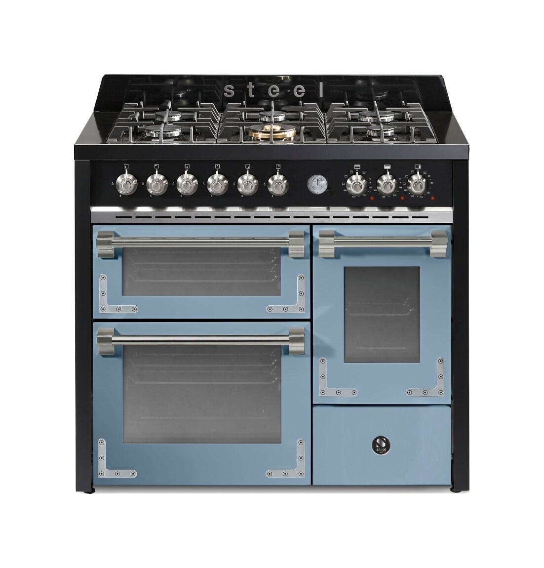 Steel Oxford 100/3 XQ10FFF Oxford 100/3 Cucina da accosto 100 cm, triplo forno elettrico (70 + 39 + 34 lt), piano cottura full-gas o induzione, acciaio inox