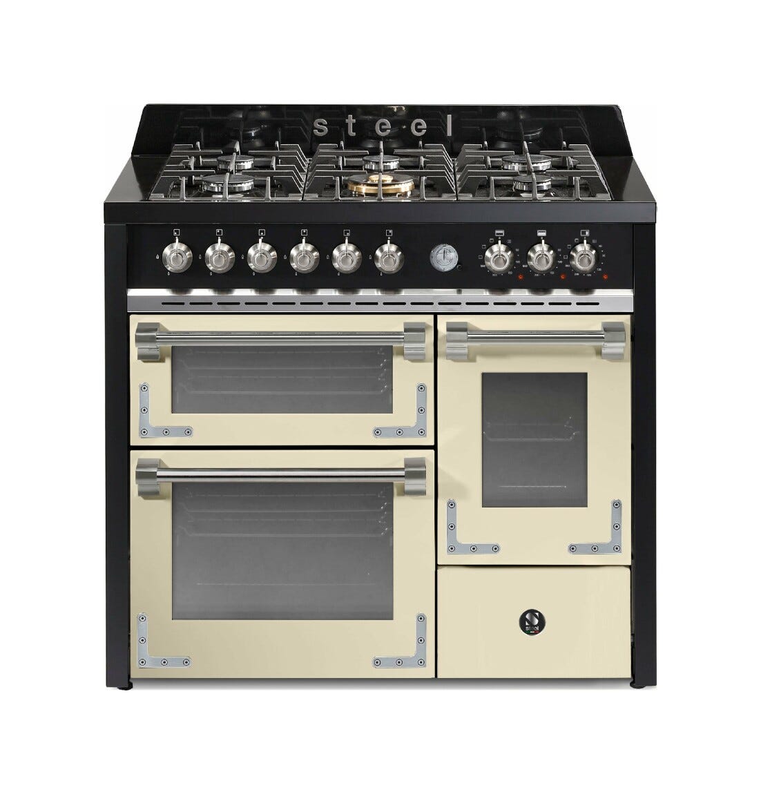 Steel Oxford 100/3 XQ10FFF Oxford 100/3 Cucina da accosto 100 cm, triplo forno elettrico (70 + 39 + 34 lt), piano cottura full-gas o induzione, acciaio inox